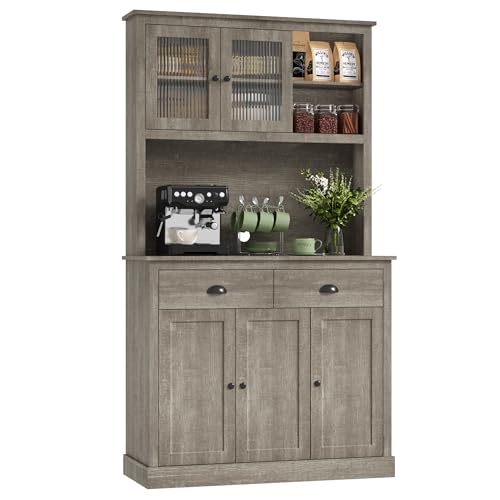 GarveeHome Pantry Cabinet with Drawers and Adjustable Shelves, 71" Tall Freestanding Kitchen Cabinet with Microwave Stand, Kitchen Hutch for Dining Room, Rustic Grey GarveeHome