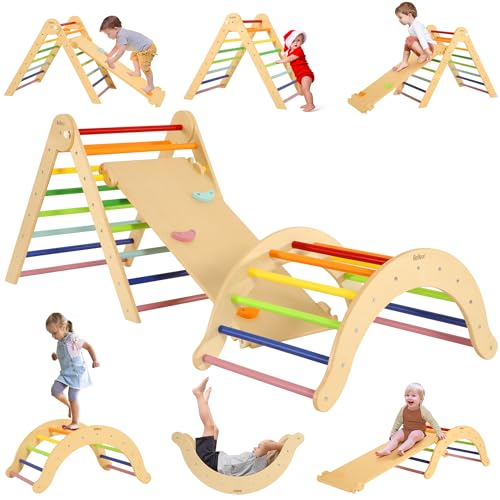 Belleur 7 in 1 Wood Pikler Triangle Set, Foldable Toddler Climbing Toys Indoor, Montessori Climbing Set with Ramp, Arch & Climbing Triangle, Baby Climbing Gym, Indoor Playground for Kids 1-6 - Rainbow Belleur