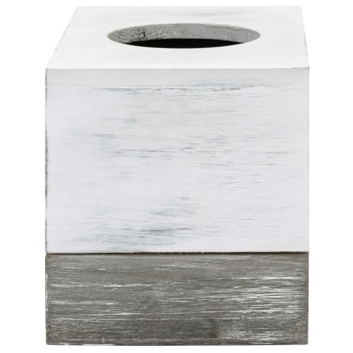 MyGift Vintage White and Distressed Gray Wood Square Bathroom Tissue Box Dispenser Holder Cover with Slide-Out Bottom Panel, 5.5 x 5.5 x 6.3 Inches MyGift