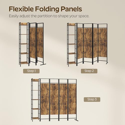 YATINEY Room Divider, 4 Panel Folding Privacy Screen with Storage, Portable Room Partition for Room Separator, Wall Divider Screen for Bedroom, Office, Rustic Brown and Black YATINEY