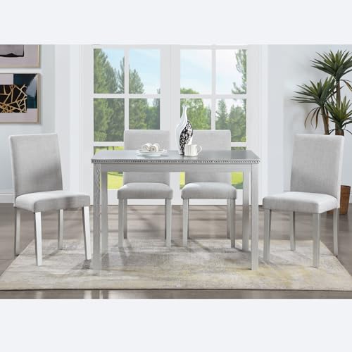 KEIKI 5-Piece Standard Height Dining Table Set with Rectangular Table and 4 Upholstered Chair, for 4 Person, Crystal Decoration Wooden Table Set, Easy Assembly, for Kitchen, Dining Room, Silver Grey KEIKI