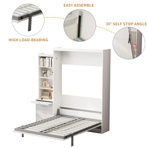 Harper & Bright Designs Full Size Murphy Bed, Morden Full Vertical Murphy Bed Frame with Shelf and Drawers, Wall Bed Hidden Bed Gas Struts, White Harper & Bright Designs