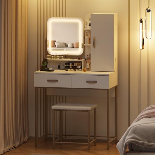 Fameill Vanity Desk with Mirror and Lights, White Makeup Table and Chair Set with 2 Storage Drawers&Cabinet&Shelves, Small Vanity Desk for Bedroom, 3 Lighting Mode Fameill