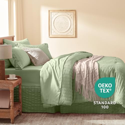 Laojin Balhen Full Comforter Set 8 Pieces, Seersucker Bed in a Bag Full, Sage Green Comforter with Sheets, Comforters Full Size Bedding Sets with Comforter, Sheets, Pillowcase & Sham and Bed Skirt Laojin Balhen