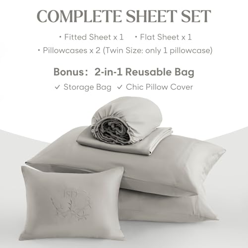 JSD 100% Viscose Derived from Bamboo Sheet Set Twin, Silver Grey Cooling Sheets for Hot Sleepers, Soft Silky Breathable Bed Sheets Extra Deep Pocket JSD