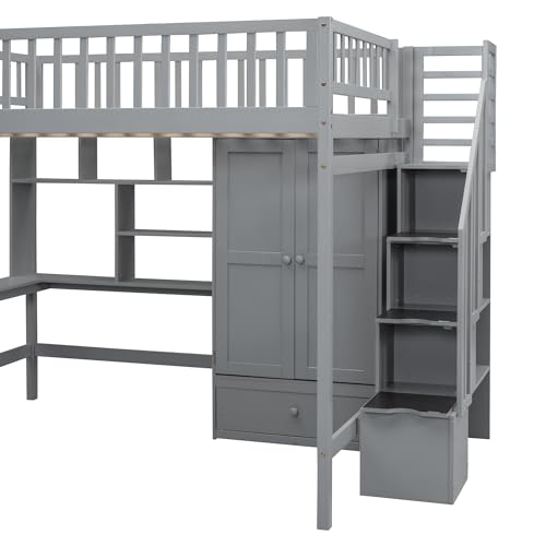 Ball & Cast Full Size Loft Bed with Storage Ladder and Bookshelf,Wooden Bedframe w/Drawers & Wardrobe,Desk,Full-Length Guard Rail,Space Saving,Bedroom Furniture for Student Dorms,Gray Ball & Cast