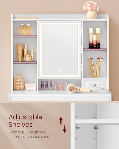 VASAGLE Kailyn Collection - Vanity Desk with Power Outlets, Makeup Vanity with Mirror and Lights, LED Lights, 6 Compartments, 2 Drawers, for Bedroom, Cloud White URDT031WB02S VASAGLE