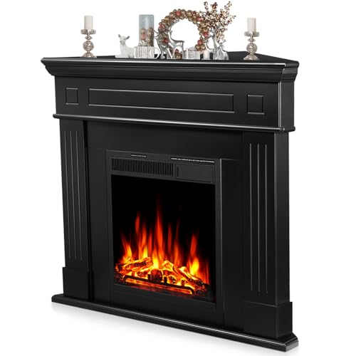 R.W.FLAME 43” Corner Electric Fireplace Mantel Wooden Surround Firebox, TV Stand with Freestanding Electric Fireplace, Remote Control, Adjustable Led Flame, 750W/1500W Black R.W.FLAME