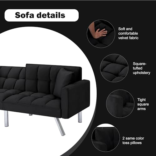 78" Modern Sofa Bed Futon,Convertible Sleeper Bed Couch with 4 Reclining Backrest,Comfy Velvet Cloud Sofa Loveseat for Living Room Bedroom Office (Black) Anwick