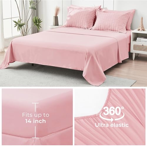 HYMOKEGE Pink Queen Comforter Set Seersucker 7 Pieces, All Season Luxury Bed in a Bag for Bedroom, Bedding Set with Comforters, Sheets, Pillowcases & Shams HYMOKEGE