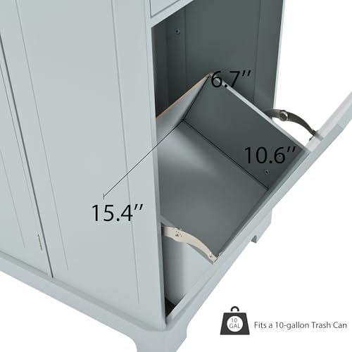 Ball & Cast Fluted Kitchen Island with Trash Can Storage Cabinet,Power Outlet,Internal Storage Rack,Rolling Kitchen Islands On 5 Wheels W/3 Drawer&3 Open Side Racks for 10 Gallon Garbage Bin,Grey Blue Ball & Cast