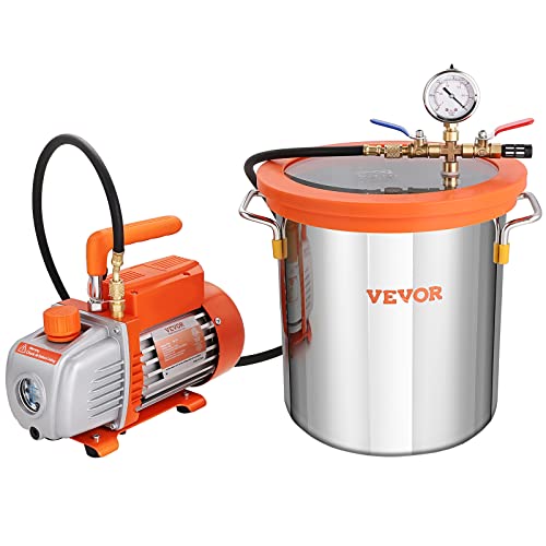 VEVOR 5 Gallon Vacuum Chamber and 3.5 CFM Pump Kit, Tempered Glass Lid Vacuum Degassing Chamber Kit, Single Stage Vacuum Pump with 250 ml Oil Bottle, for Stabilizing Wood, Degassing Silicones, Epoxies VEVOR