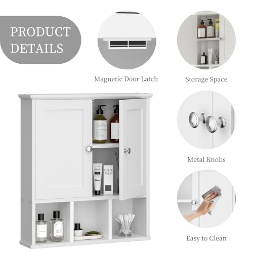 Shintenchi Bathroom Wall Cabinet with Door, Storage Organizer Over The Toilet Medicine, Space Saving with Adjustable & Open Shelf, Beige Shintenchi