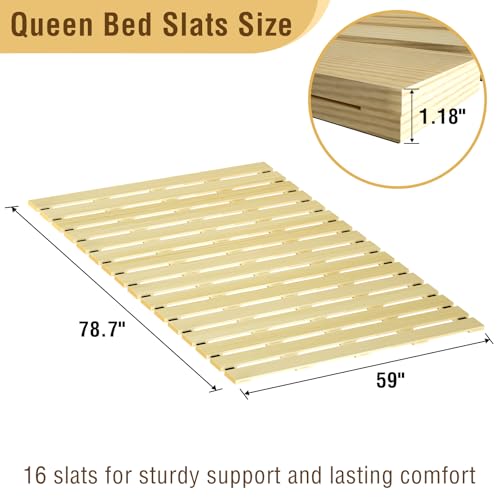 Japanese Tatami Mat Floor Bed, Knotless Solid Wood, Roll-Up Slatted Bed Plate with 2 Storage Straps, Moisture-Proof and Breathable for Floor Sleeping or Futon Mattress, Queen FHNI