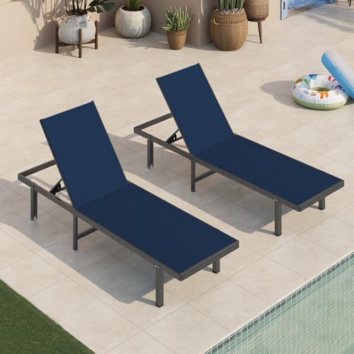Oasbira Aluminum Outdoor Lounge Chairs Set of 2, Pool Lounge Chairs with Wheels and 5-Position Recliner -Easy to Move- Patio Chaise Lounge Outdoor for Poolside, Deck, Beach (NavyBlue)