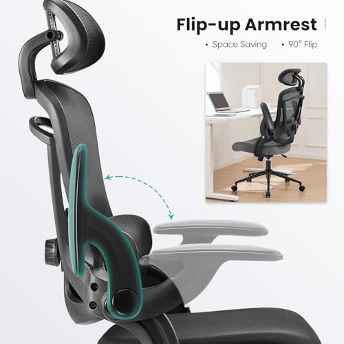 Sweetcrispy Office Chair Ergonomic Desk Chair, 300 LBS Home Mesh Office Desk Chairs with Wheels, 2D Headrest, Up&Down Lumbar Support, Swivel High Back Computer Chair with Flip-up Armrests,Dark Black Sweetcrispy