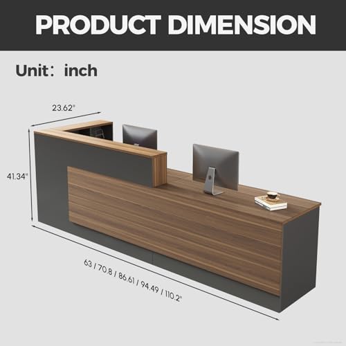 Nuipesn 94" Modern L-Shaped Reception Desk with Counter, Drawer, Keyboard Tray & Storage Shelves, Right Layout, Dark Walnut Nuipesn