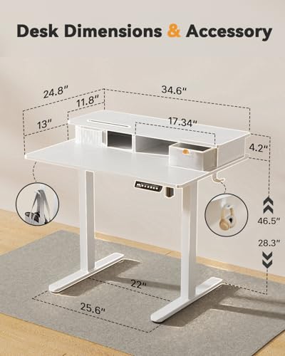 JOY worker Small Electric Standing Desk, 35" x 25" Height Adjustable Desk with Built-in Monitor Stand & Storage Drawer, White Sit Stand Table with 2 Hooks for Home Office JOY worker