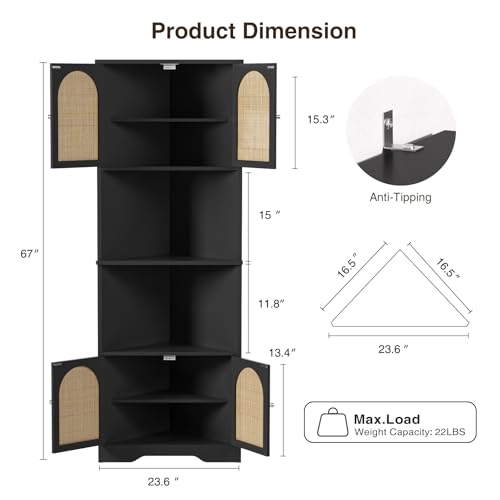 FiveWillowise 67''H Tall Corner Cabinet with Handmade Rattan Door, Rattan Storage Cabinet with Adjustable Shelves, Corner Bookshelf Space Saver for Barthroom, Kitchen, Living Room, Black FiveWillowise