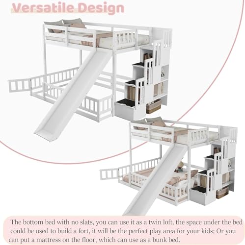 MoproBeti Twin Over Full Bunk Bed with Slide and Storage Stairs, Pine Wood Floor Kids Bunk Beds with Safety Fence Guardrails and Door for Girls Boys, White MoproBeti
