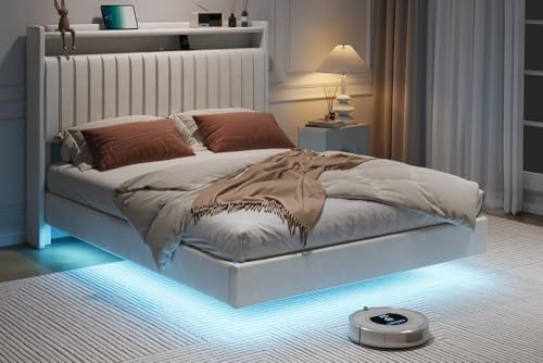 IDEALHOUSE Queen Floating Bed Frame with LED Lights and Storage Headboard, Bed Frame with Modern Minimalist Style for Bedroom/Vacation Home,Silent & No Box Spring Required,Easy to Assemble,White IDEALHOUSE