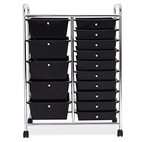 15 Drawer Rolling Storage Cart, Mobile Utility Cart with Lockable Wheels, Drawers, Multipurpose Organizer Cart for Home, Office, School, Black COSTWAY