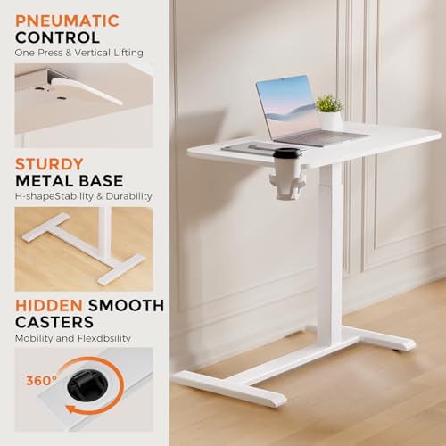 GTPLAYER Small Standing Desk with Hidden Wheels, Pneumatic Mobile Rolling Laptop Desk, Adjustable Height Overbed Bedside Table Computer Workstation for Home Office (28" W x 16" D, White) GTPLAYER