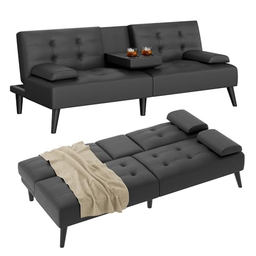 Shintenchi Futon Sofa Bed, Leather Foldable Couch, Reclining Sleeper with Removable Armrests, Upholstered Loveseat Sofa Couch with Folding Cup Holders for Home, Office(Black) Shintenchi