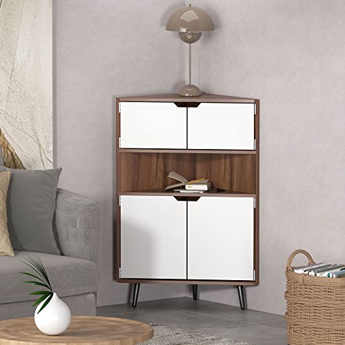 SogesHome Wood Corner Cabinet Wall Corner Storage Cabinet, Storage Display Table Stand Cabinet, with Doors and Open Shelf, for Small Places, Living SogesHome