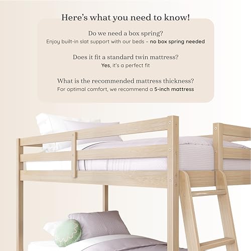 Grain & Grove Bear Twin Over Twin Bunk Bed, Low Bunk Bed Frame for Kids, Bunk with Ladder, Guardrail and Slats, No Box Spring Required, Oak Embossed Natural Grain & Grove