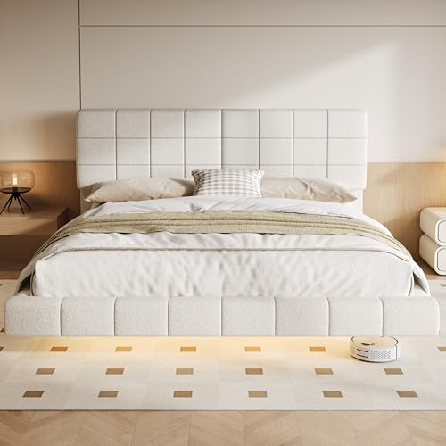 Merax King Size White Boucle Upholstered Platform Bed with Tall Headboard, Modern Floating Bed Frame with LED Lights for Bedroom, Solid Wood Slats Support, No Box Spring Needed, Easy Assembly Merax