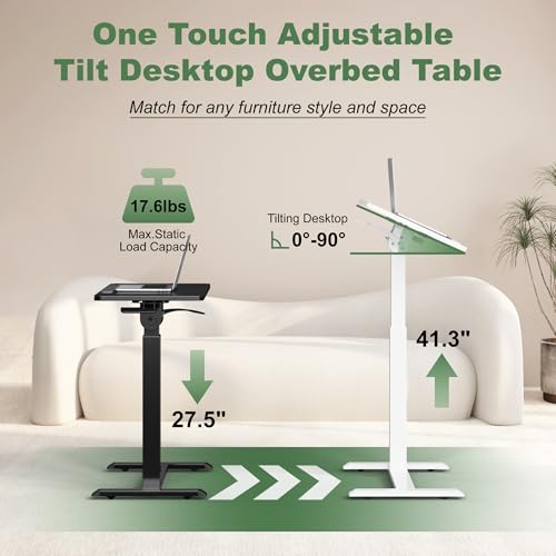 UPGRAVITY Adjustable Overbed Bedside Table - 90° Tiltable Mobile Standing Desk Portable Rolling Computer Cart Movable Desk for Laptop Bed Sofa Side Table Hospital Home Use(15.8" W x 31.5" D, Black) UPGRAVITY