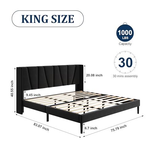 Sismplly King Bed Frame with Headboard, Velvet Upholstered King Size Platform Bed with Wingback, Mattress Foundation with Wooden Slat Support, No Box Spring Needed, Easy Assembly, Noise Free, Black Sismplly