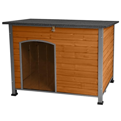 Indoor Outdoor Dog House,Anti-Chewing Iron Frame Dog Kennel,Wood Warm Pets Home,Insulated Weatherproof Outside Shelter (43.3" (L) x 29.4" (W) x 33.4" (H) Brown) Suumerpety