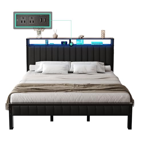 LUXOAK King Size LED Platform Bed Frame with Faux Leather Headboard and Built-in Charging Station LUXOAK