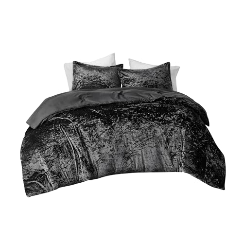 Comfort Spaces Juliette Luxe Comforter Set Velvet Lush with Soft Brushed Microfiber Reverse, All Season Cozy Velvet Bedding Sets, Fluffy Comforter Bed Set, Matching Sham, Black King 3 Piece Comfort Spaces