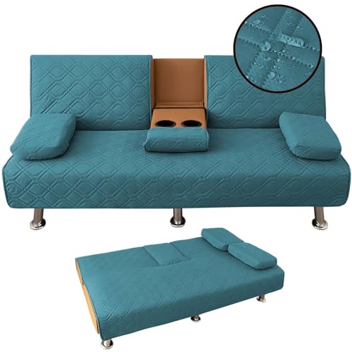 ZYXFYY 4-Piece Waterproof Click Clack Sofa Bed Cover - 3 Seater, Quilted Convertible Folding Futon Cover with 2 Removable Armrests and 1 Cup Holder (Teal) ZYXFYY