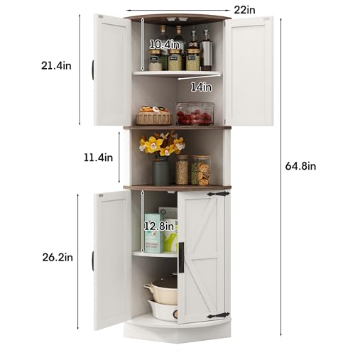 Vabches 64.8" Tall Farmhouse Corner Cabinet with 4 Doors and 5 Storage Shelves, Farmhouse Storage Cabinet with Barn Door Design, Home Space Saver for Living Room, Kitchen, Laundry Room,White Vabches
