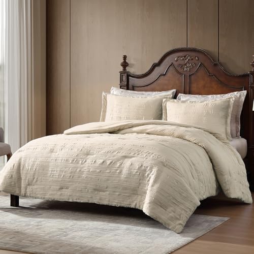 ClevaHome Full Comforter Set Oat Milk, 3 Pieces Comforter Set, All Season Lightweight Soft Embossed Bedding (80" x 86" Comforter & 2 Pillow Shams) Cleva