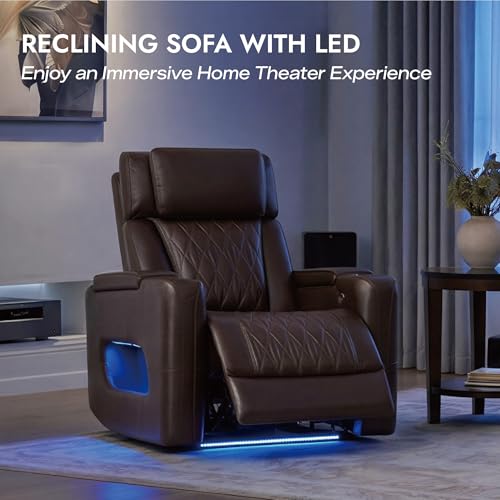 Watson & Whitely Genuine Leather Power Recliner Chair with Power Headrest, Lay Flat Home Theater Recliner with LED Lighting, Massage & Heat, Arm Storage & Cup Holders for Living Room, Brown