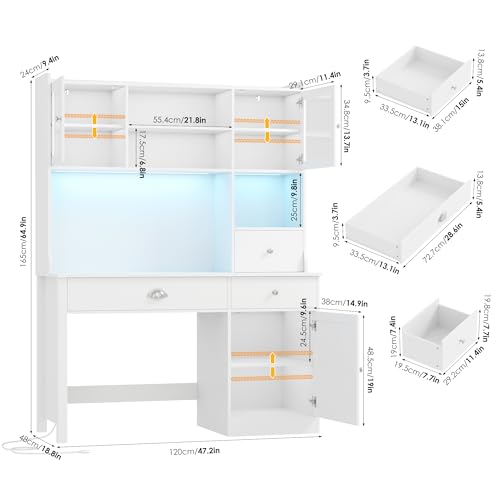 FACBOTALL Computer Desk with Hutch and RGB Lights, 65" Office Desk with Power Outlet, Makeup Vanity with 3 Doors & 3 Drawers, White Executive Desks for Home, Work and Study FACBOTALL