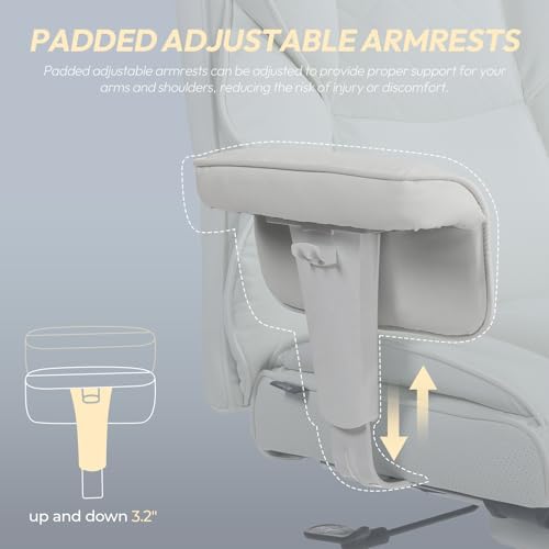 Dowinx Big and Tall Office Chair with Pocket Spring Cushion,High Back Computer Gaming Chairs with Adjustable Armrests and Lumbar Support,Executive Desk Chairs with Footrest(PU Leather,White) Dowinx