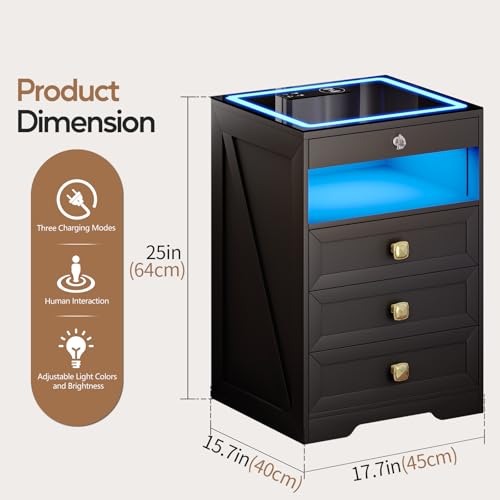 MDGC Smart Nightstand with Lockable Gun Drawer,Farmhouse Bedside Table with Charging Station and 3 LED Lights, Modern Night Stand with 3 Drawers,Glass Top End Side Table for Bedroom(Black) MDGC