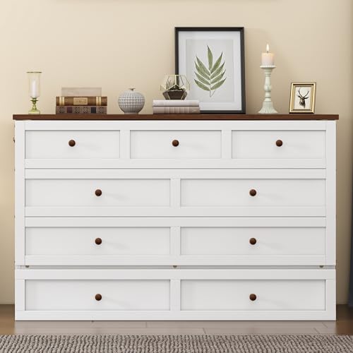 Merax Modern Farmhouse Solid Wood Murphy Bed Chest/Space Saving/Wood Slat Support/Queen,White+Walnut Merax