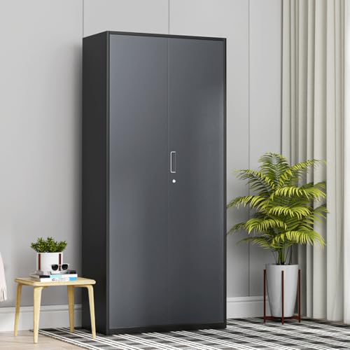 Athena Collection 71" Tall Metal Storage Cabinet with 2 Doors and 6 Ajustable Shelves, Garage Storage Cabinet for Files, Tools, Home Offcie, School, Garage, Pantry, Grey Black Athena Collection