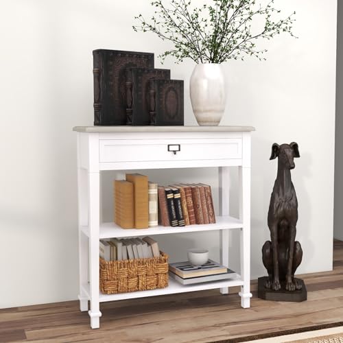 kinbor Accent White Console Table with Drawer and Shelf, Wood Sofa Table with Storage for Entryway Hallway Living Room kinbor