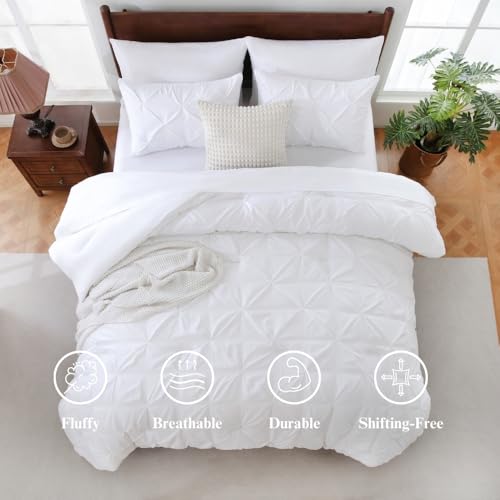 Sheet&Joy Queen Comforter Set, 7-Piece Bed in a Bag, Pintuck Bedding Sets for All Season, Includes Comforter, Flat Sheet, Fitted Sheet, Pillowcases and Pillowshams, White Sheet&Joy