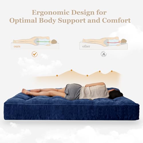 YOSHOOT 8 Inches Futon Mattress Full Size, Thick Futons Sofa Couch Bed, Chenille Fabric Floor Mattress for Adults, Shredded Foam Filling, Medium Firm(Frame Not Included), Blue, 54"x75" YOSHOOT