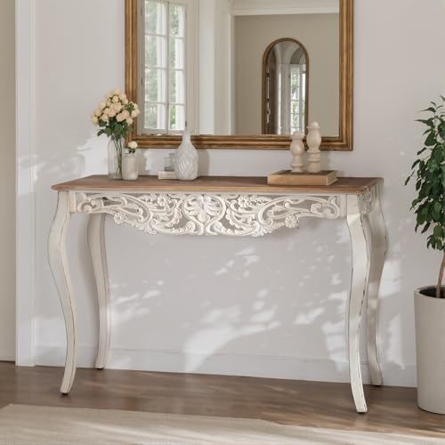 Console Table for Entryway with Carved Details, 43.31" Long Sofa Table Behind Couch, Vintage French Country Entry Table with Wood Carvings and Curved Legs for Hallway, Living Room - Antique White Dorivibe
