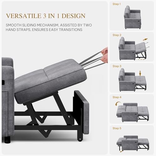 DWVO 55" Convertible Sofa Bed, 3-in-1 Sleeper Sofa with Pull-Out Bed, Velvet Futon Couch with Adjustable Backrest and USB, Modern Loveseat for Living Room Apartment, Light Grey DWVO